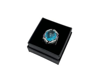 Sterling Silver Large Blue Cushion Cut Glass Stain Glass Art Deco Style Cocktail Ring