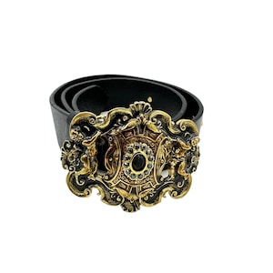 Doncaster Large Gold Enamel Cherub Black Leather Statement Belt Italy
