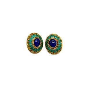 Gold Vermeil Oval Filigree Blue Enamel Statement Clip-On Earrings