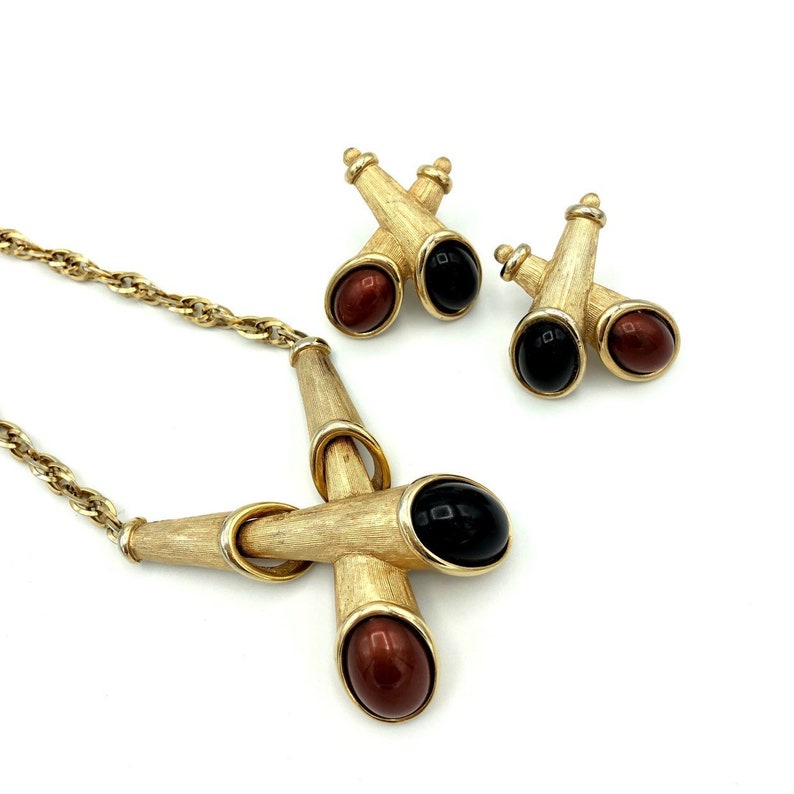 Emmons Gold Modernist Vintage Jewelry Set Mid-Century Boho Black /& Brown Cabochon Designer Statement Necklace Earrings