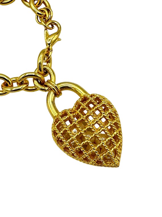 Gold Caged Pearl Heart Charm Bracelet & Clip-on E… - image 4