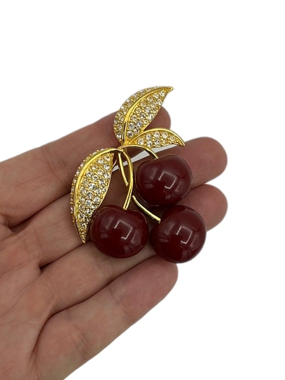 Gold Joan Rivers Red Cherries Vintage Brooch
