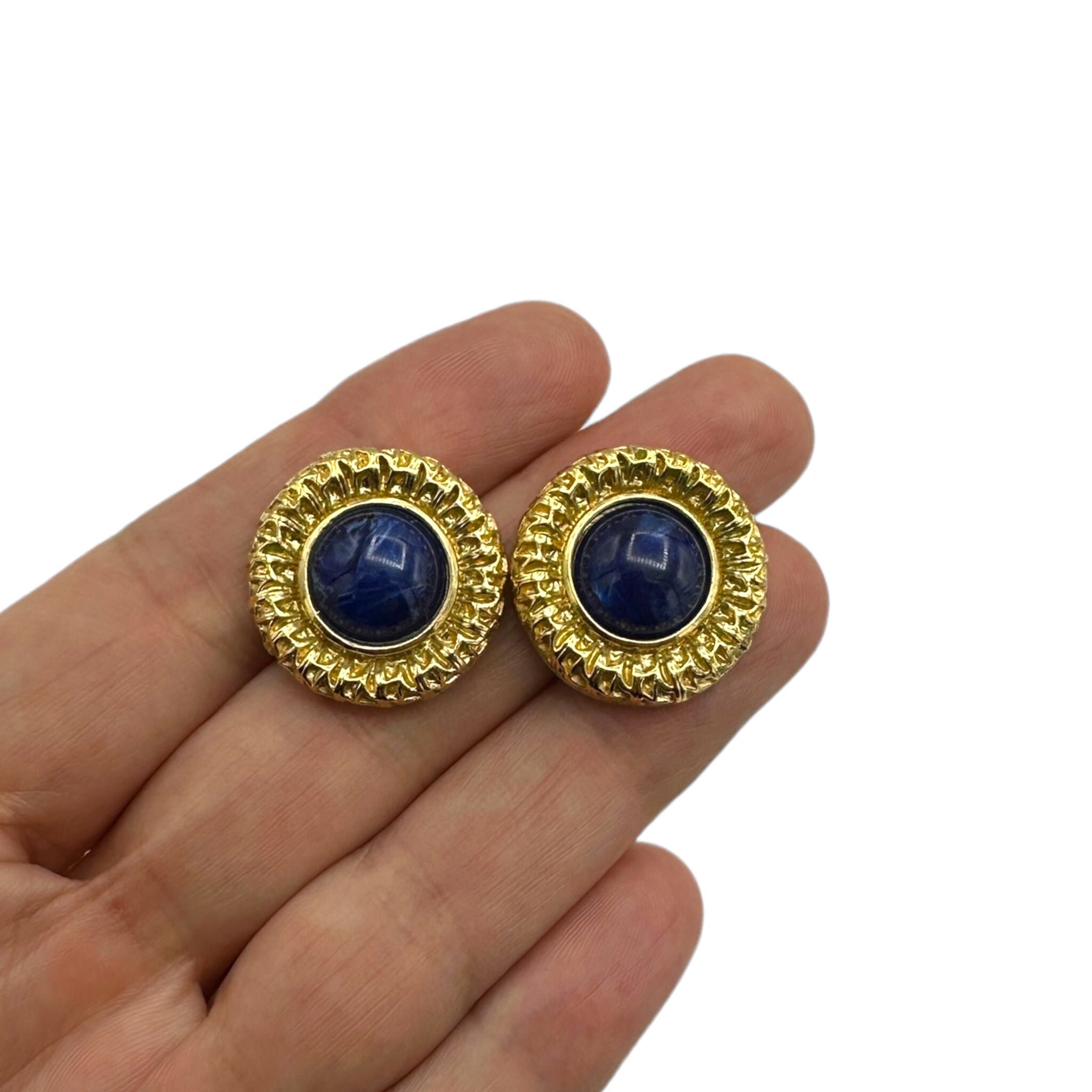 Trifari Vintage Jewelry Gold Round Blue Cabochon Pierced