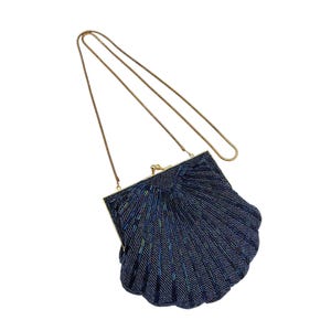 Blue Iridescent Beaded Seashell Clutch Crossbody Vintage Handbag | Vintage Evening Beaded Statement Purse
