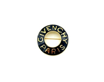 Classic Gold Givenchy Open Circle Black Enamel Logo Brooch Pin