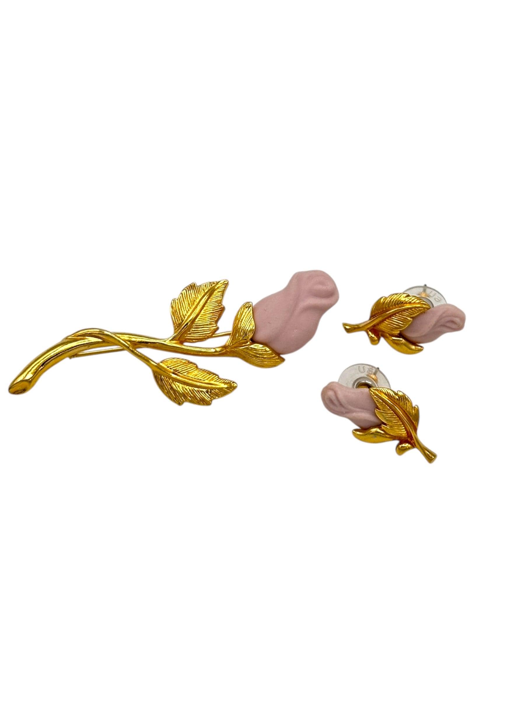 Avon Orange and Pink Floral Brooch and Earring Set Vintage Avon Gold + Pink Enamel Flower Basket Stud Earrings  main image 4