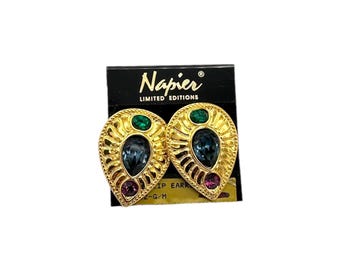 Napier Byzantium Jewel Color Rhinestone Gold Teardrop Clip-on