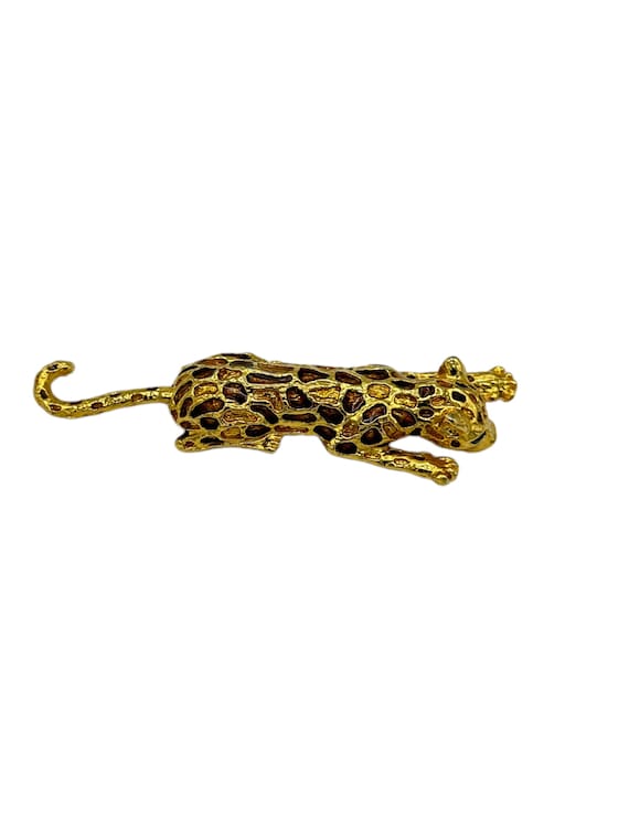 Gold Big Cat Brown Enamel Vintage Brooch Pin - image 1