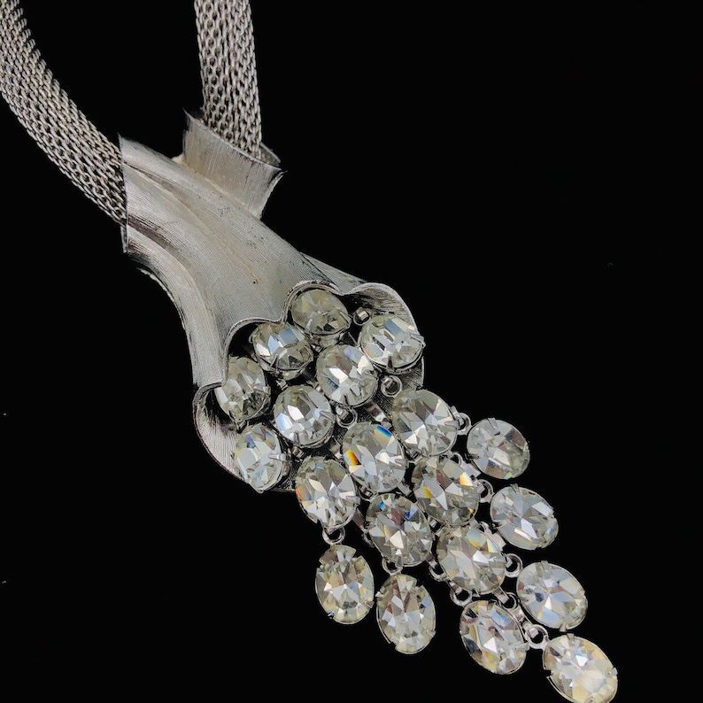 Mid-Century Necklace Large Oval Rhinestones Designer Quality Statement Earrings Vintage Silver Mesh Rhinestone Waterfall Jewelry Set