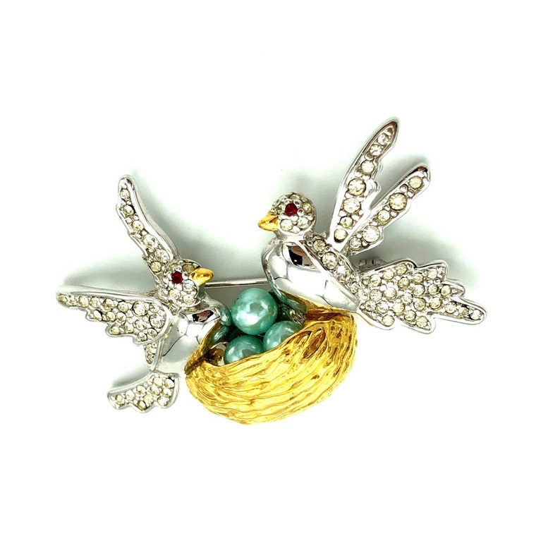 Love Birds Red Eyes Blue Eggs In Nest Designer Signed Pin Perfect Gift for Her Joan Rivers Silver /& Gold Figural Bird Vintage Brooch