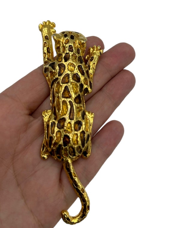 Gold Big Cat Brown Enamel Vintage Brooch Pin - image 2