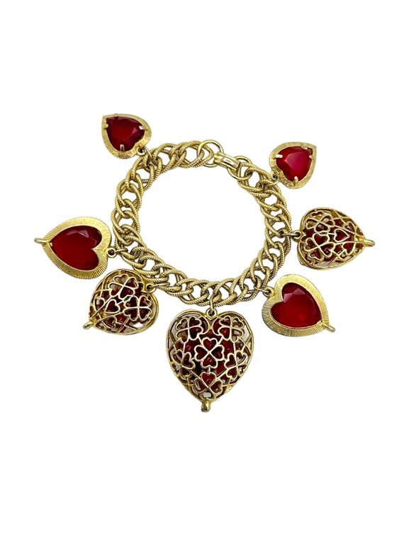 Gold Vintage Red Caged Bead Puffy Heart Charm Bra… - image 2