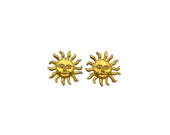 Matt Gold Sun Rhinestone Vintage Pierced Earrings