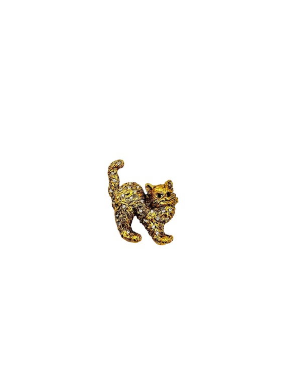 Butler Gold Textured Rhinestone Cat Brooch Pin