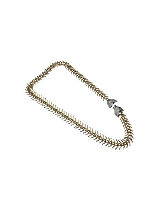 Gold Fishbone Pave Fish Clasp Necklace