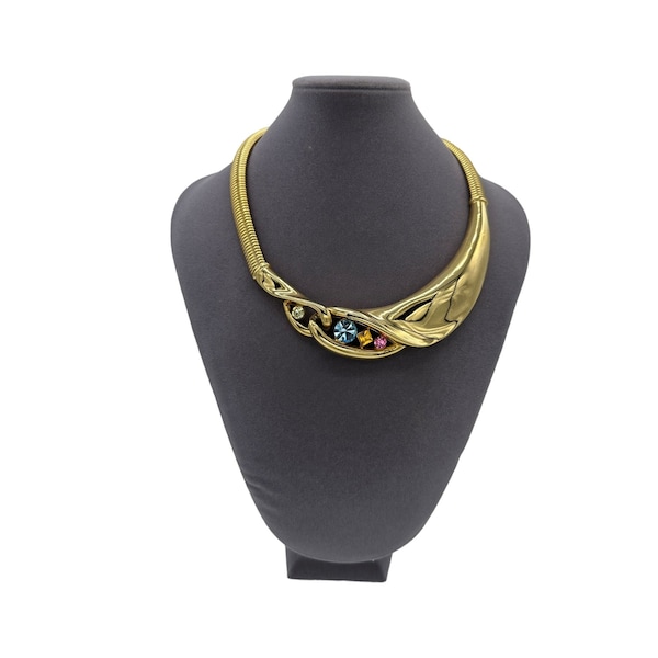 Givenchy Gold Snake Chain Bib Pastel Rhinestone Statement Pendant