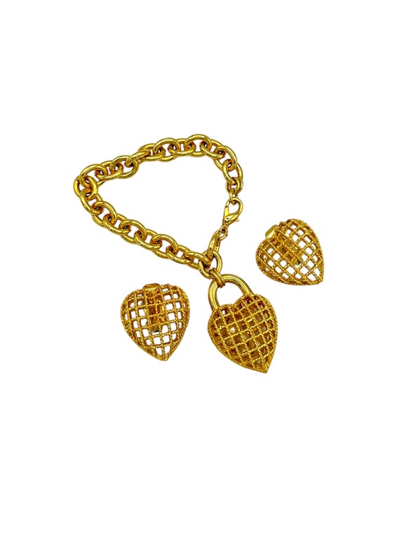 Gold Caged Pearl Heart Charm Bracelet & Clip-on E… - image 1
