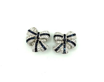 Nolan Miller Pave Blue Rhinestone Bow Silver Clip On Earrings