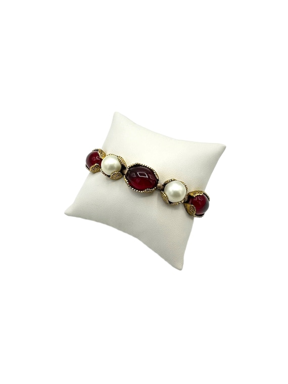 Gold Victorian Revival Red Cabochon & Pearl Bracel