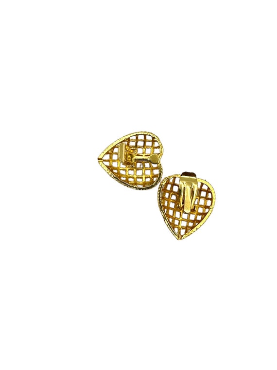 Gold Caged Pearl Heart Charm Bracelet & Clip-on E… - image 6