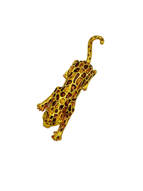 Gold Big Cat Brown Enamel Vintage Brooch Pin - image 4