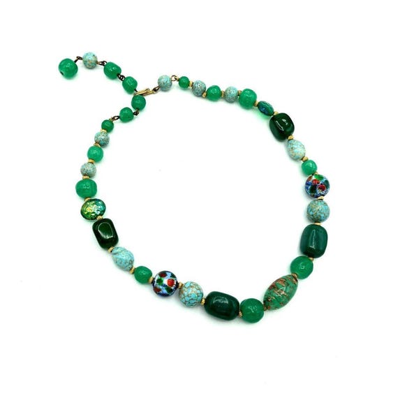 Venetian Murano Green Turquoise Art Glass Beads Vintage Necklace