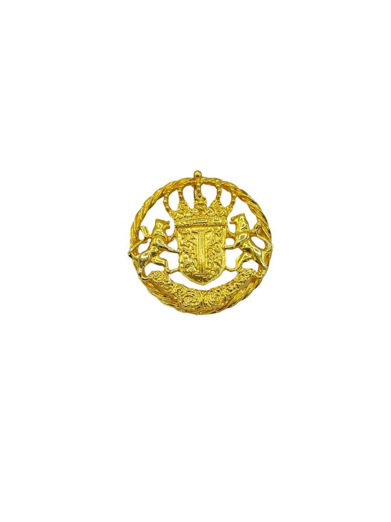 Ivana Gold Round Heraldic Crown Shield Vintage Bro