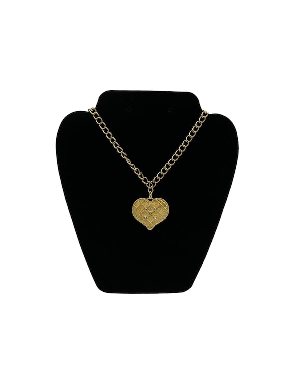 Gold Quilted Textured Rhinestone Heart Pendant