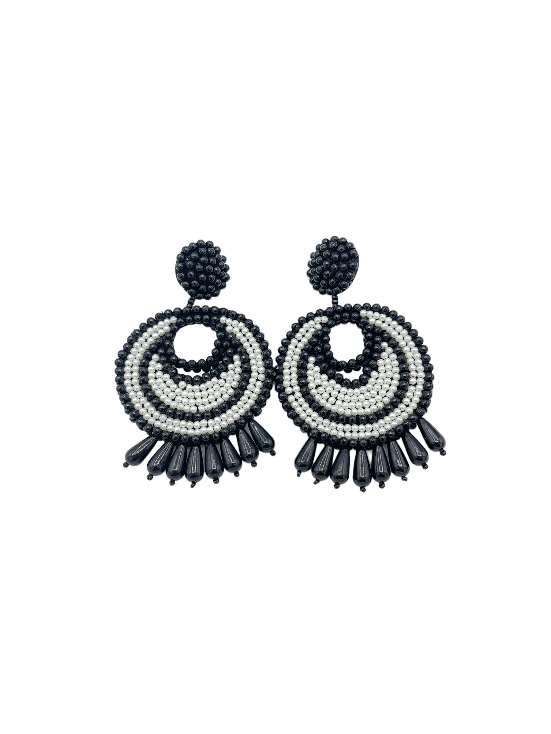 Large Black and White Beaded Kenneth Jay Lane Dangle Pierced Earrings Etsy UK