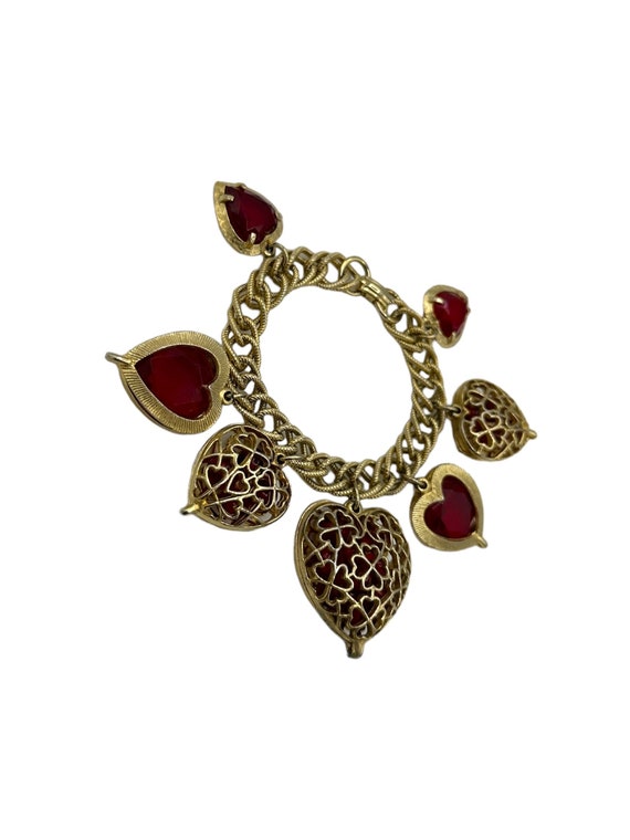 Gold Vintage Red Caged Bead Puffy Heart Charm Bra… - image 3
