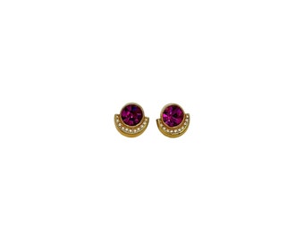 Gold Swarovski Pink Faceted Round Crystal Rhinestone Pierced Earrings