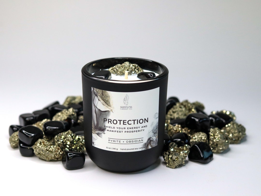 Pyrite Obsidian Crystal Candle Crystal Infused Hand Poured Soy Candle