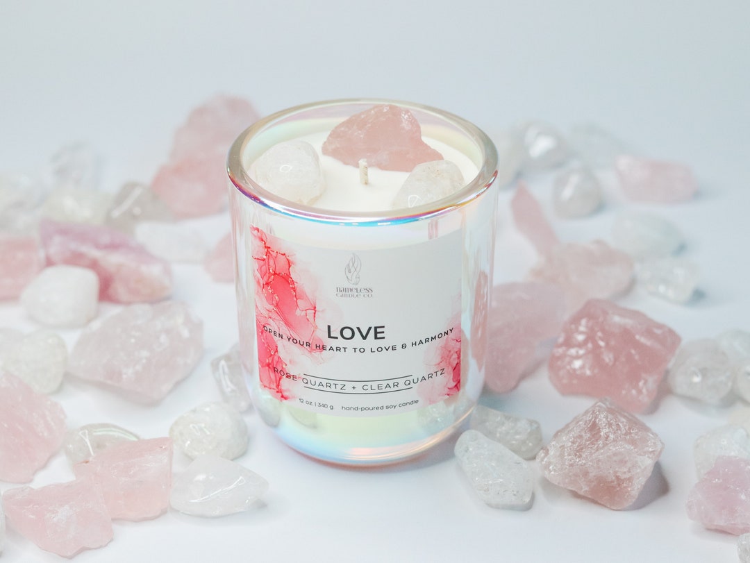 Rose Quartz Clear Quartz Crystal Candle Crystal Infused Hand Poured Soy
