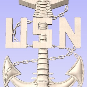 May include: A light beige wooden anchor with the letters "USN" carved into it. The anchor is detailed with chains and a ring at the top. The background is a light blue colour.