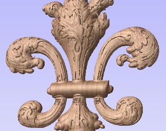 May include: A detailed, three-dimensional, light brown fleur-de-lis design. The decorative element features a central, stylized leaf design with curved, scroll-like arms extending outwards. The design is rendered with intricate details.
