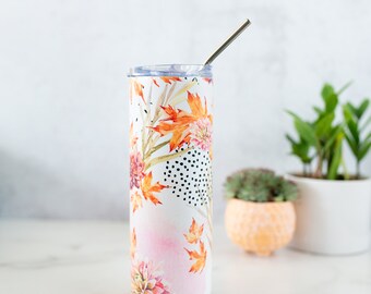 Watercolor Fall Tumbler with Orange Leaves and Nature Art