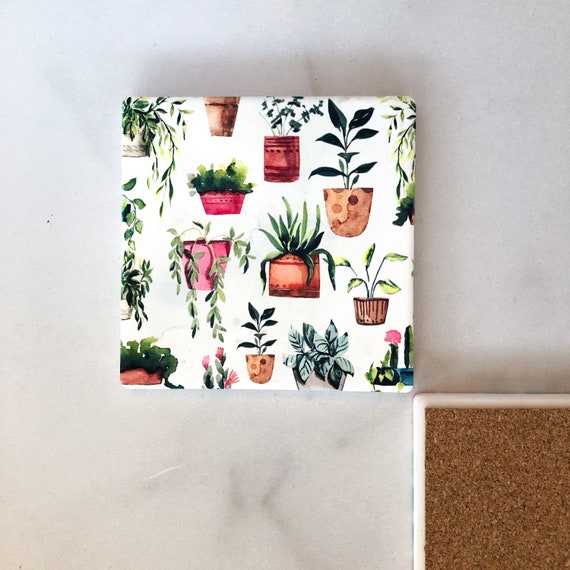 House Plants Coaster Set, College Apartment Decor, Pink Coasters, Floral Coasters, Absorbent Coasters, Whimsical Best Friend Gift