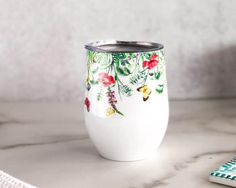 Floral Wine Tumbler and Spring Stemless Wine Glass with Lid