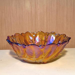 Vintage Indiana Glass Iridescent Amber Marigold Carnival Glass “Wild Rose” Footed Bowl