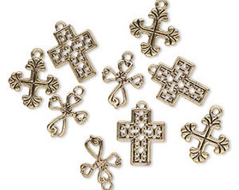 Dijes de cruz de peltre con acabado dorado envejecido 316