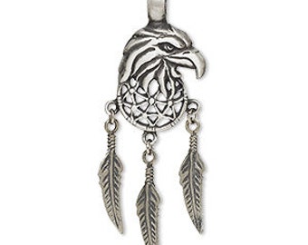 Eagle Head with Three Dangling Feathers Pewter Charm          312