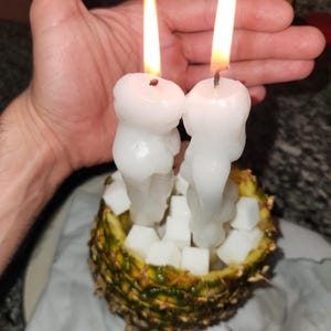Puede incluir: Dos velas blancas encendidas con cera derretida, colocadas en una piña ahuecada llena de cubos blancos. El exterior verde y amarillo de la piña contrasta con los elementos blancos, creando una pieza decorativa única.
