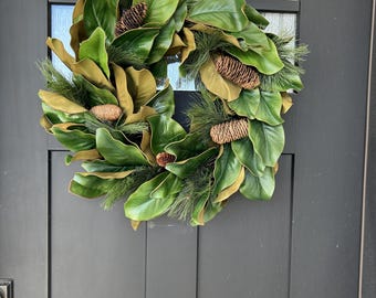 Christmas Magnolia Leaf Wreath with Pinecone - Farmhouse Front Door Decor, Winter Greenery Wreath, Rustic Southern Style Home Decoration