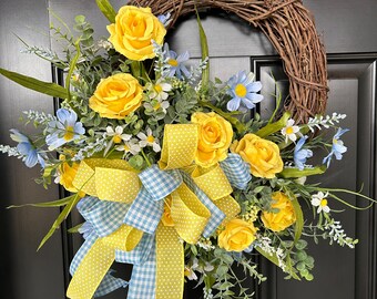 Spring Wreath for Front Door, Spring Door Decor, Summer Wreath, Yellow Rose Wreath, Yellow and Blue Decor, Mother's Day Gift, Wedding Gift