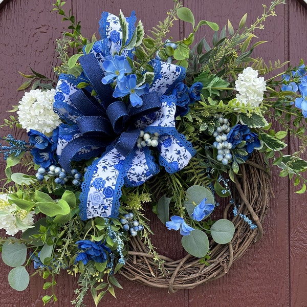 Blue and White Spring Wreath, Spring Wreath for Front Door, Mother's Day Gift, Blue and White Interior Decor, Year-Round Wreath, Shower Gift