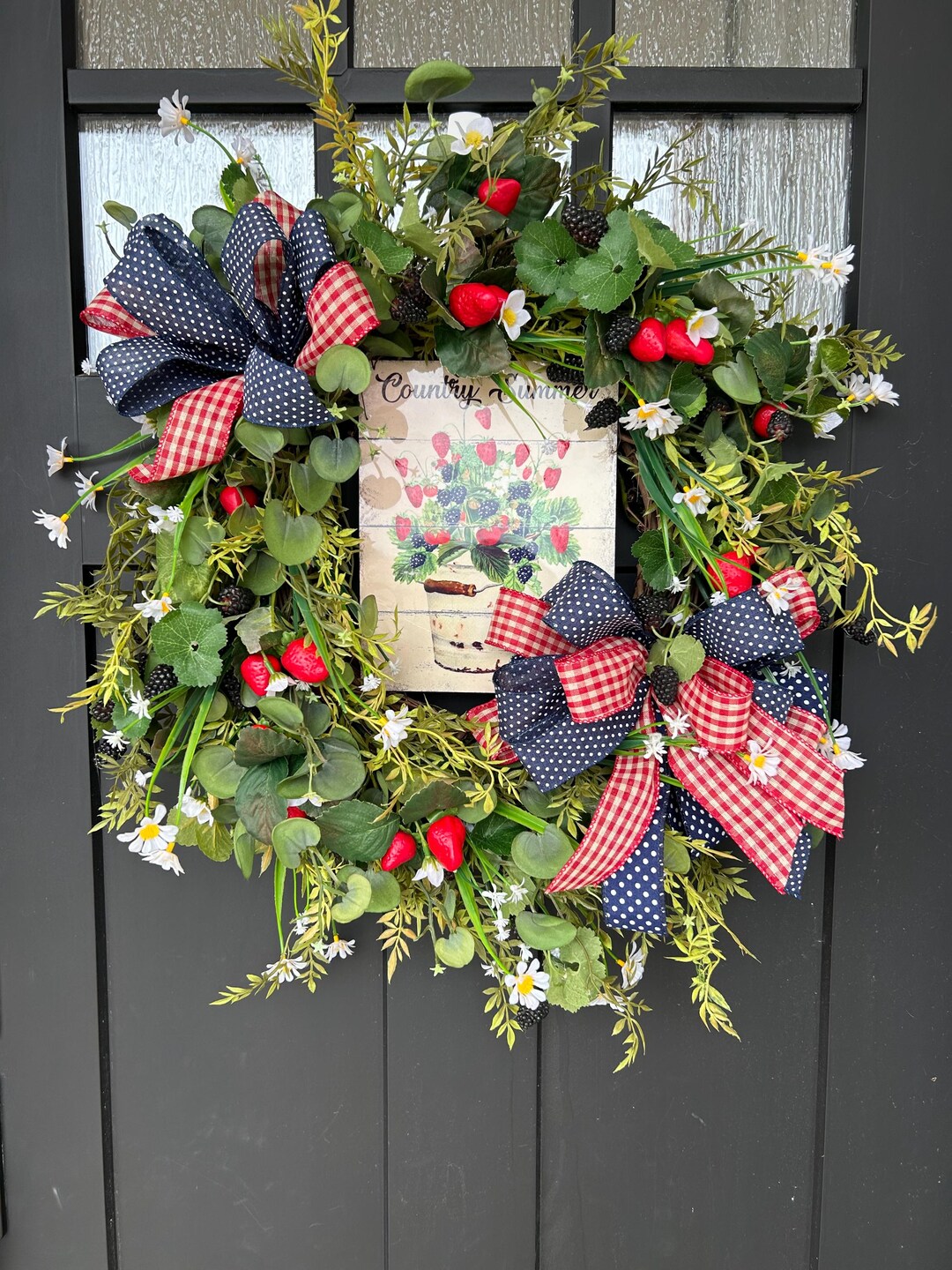 Strawberry Summer Wreath: Patriotic Farmhouse Door Decor, Mixed-berry ...