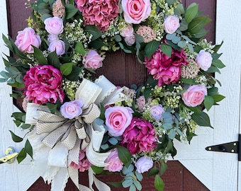 Couronne de jardin d'été, couronne d'été pour la porte d'entrée, décoration florale rose, décoration de chalet d'été, décoration victorienne, cadeau de mariage, cadeau de fête des mères