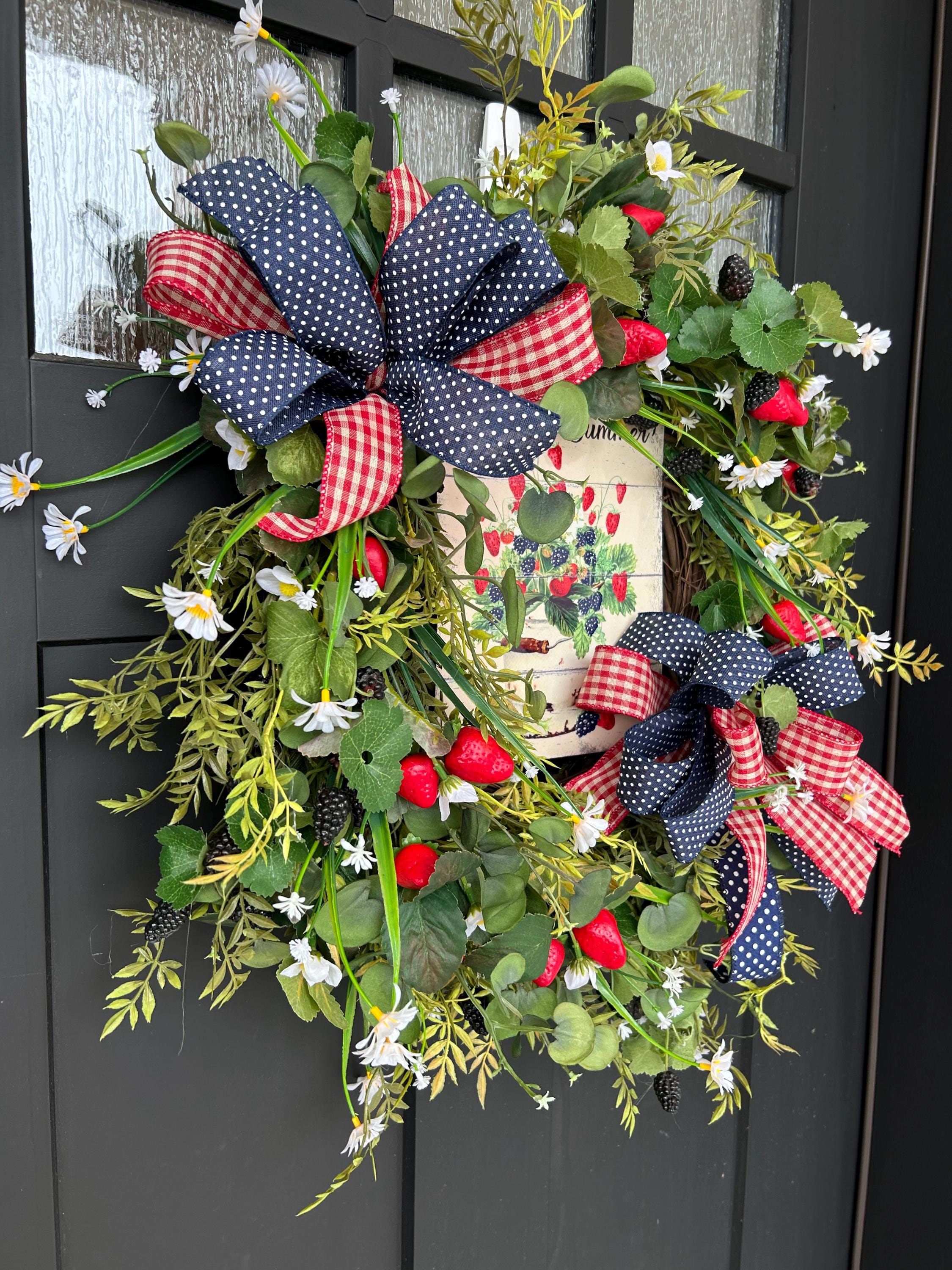 Strawberry Summer Wreath: Patriotic Farmhouse Door Decor, Mixed-berry ...