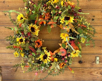Fall Sunflower Wreath: Farmhouse Autumn Foliage Front Door Decor