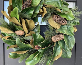 Kerstmagnoliabladkrans met dennenappel - boerderij voordeurdecor, wintergroen krans, rustieke zuidelijke stijl huisdecoratie